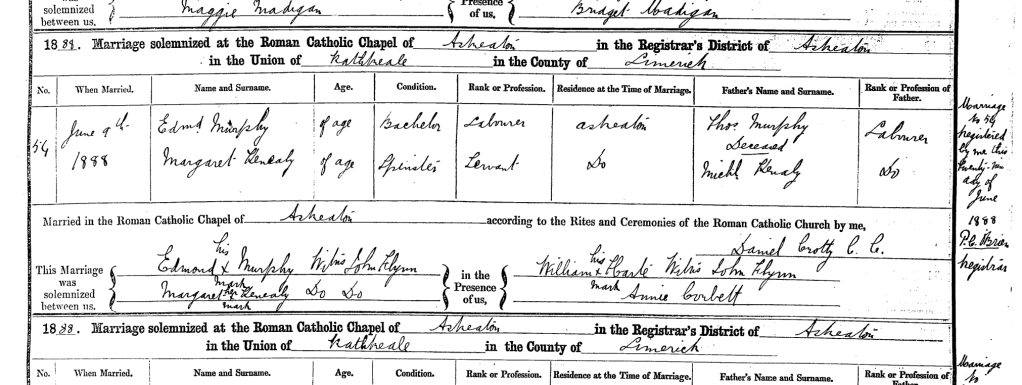 Edmond Murphy to Margaret Kenealy civil Irish marriage record in Askeaton in 1888