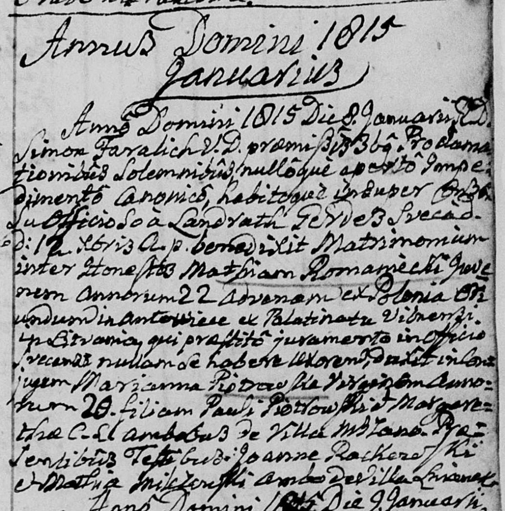1815 marriage in dritschmin, west prussia for matthias romanowski and marianna piotrowska
