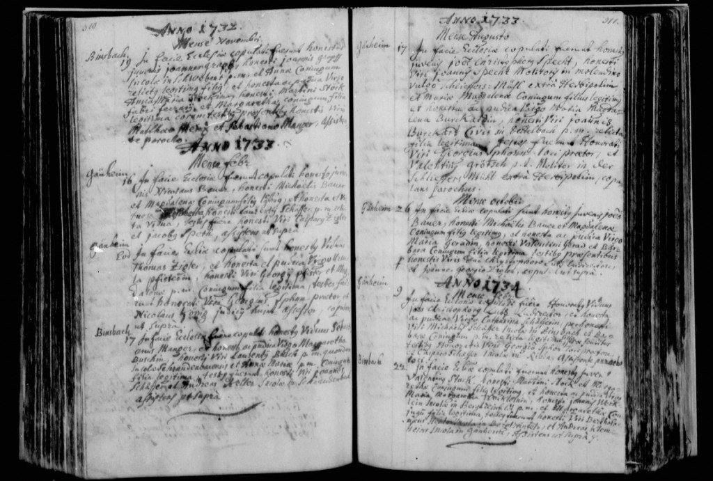 Johannes Bauer Maria Gehret marriage record in Gänheim, 1733
