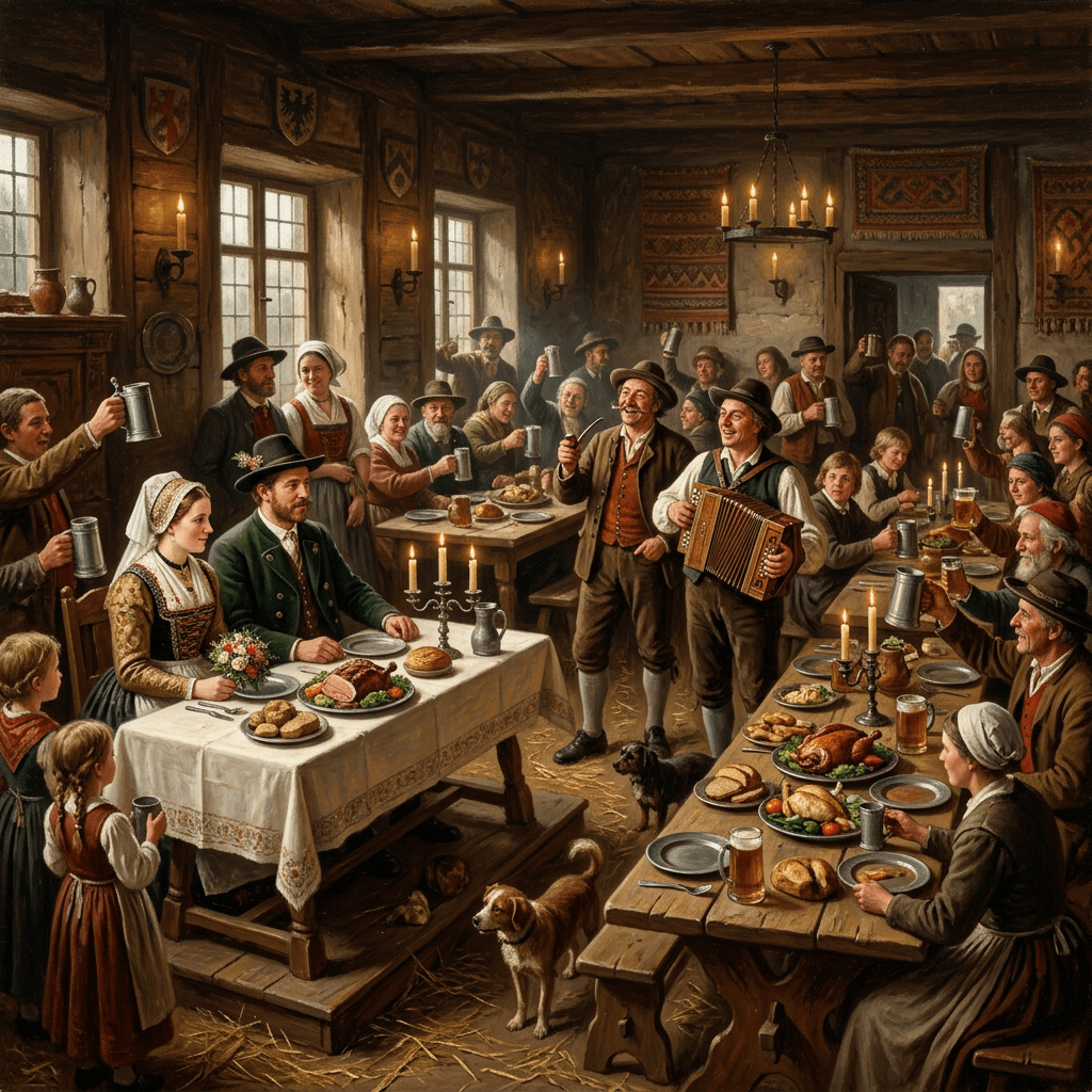Community gathered in rustic hall for a traditional wedding feast with music and food